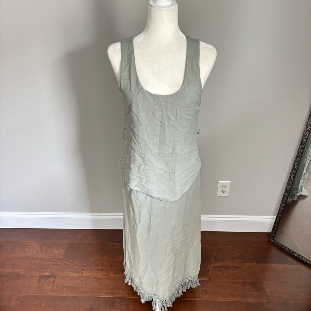 Soft Surroundings Layered Sage Green Fringe Maxi Dress Size Xs